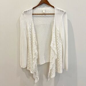 Chicos Cardigan Womens 1 Medium White Open Knit Crochet Lace Coastal Beachy